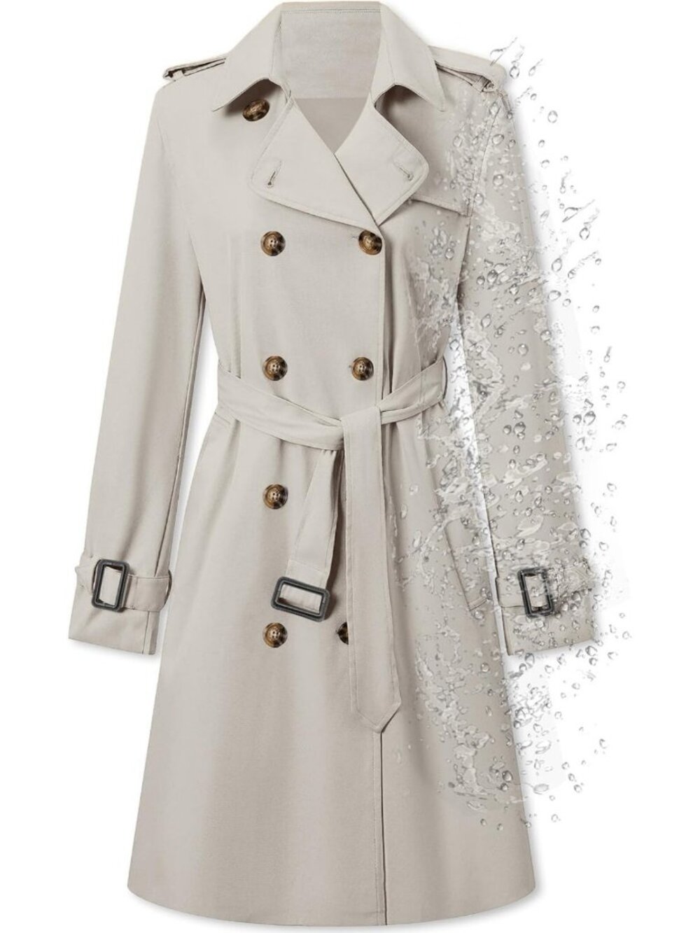 Stylish Women's Double Breasted Water-Repellent Trench Coat with Belted Waist